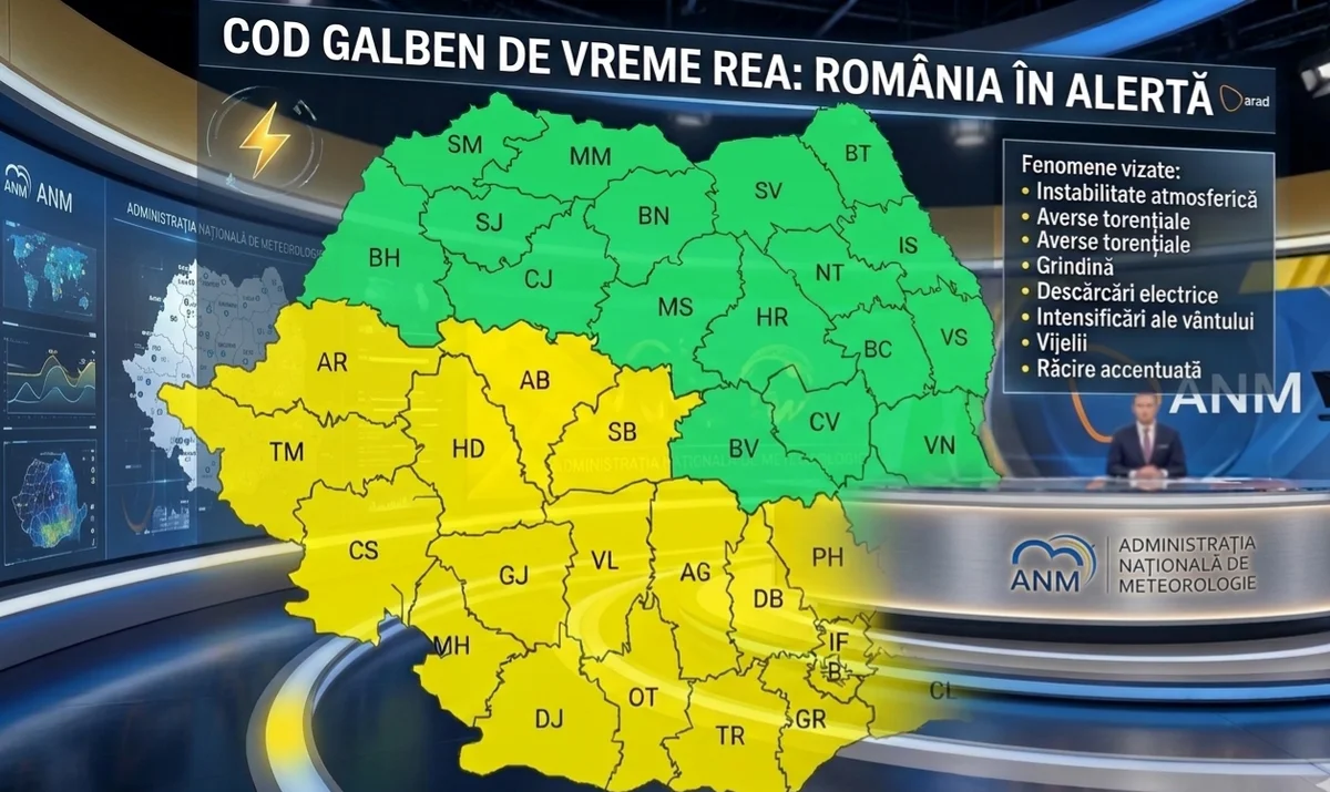 Cod galben de furtuni la Arad pe 16-17 mai: grindină și vijelii