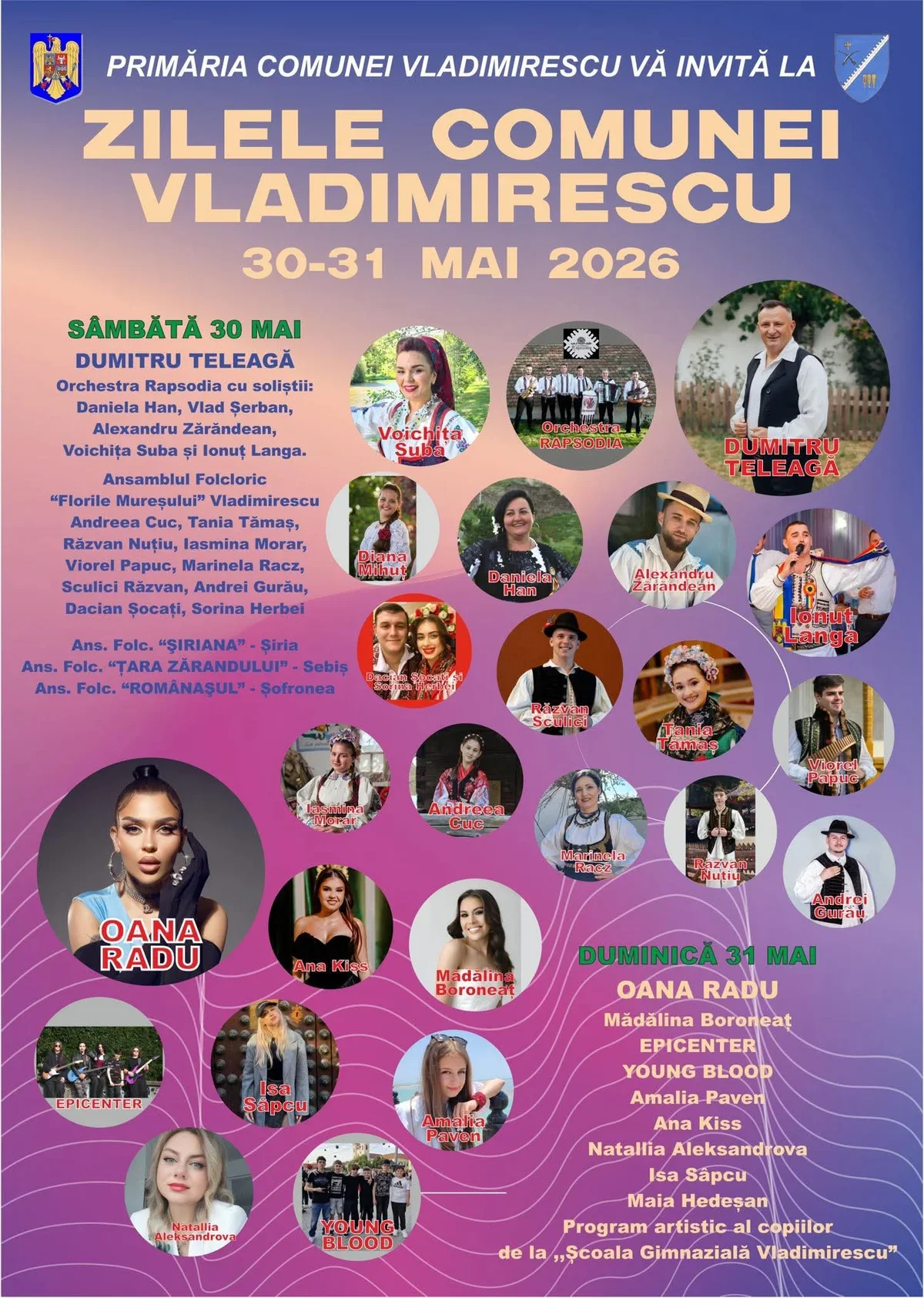 Zilele Comunei Vladimirescu 2026: program complet 30-31 mai