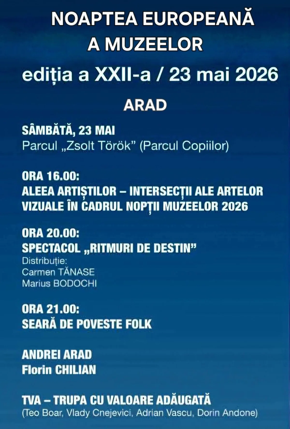 Noaptea Muzeelor 2026 Arad: concert Florin Chilian în Parcul Copiilor