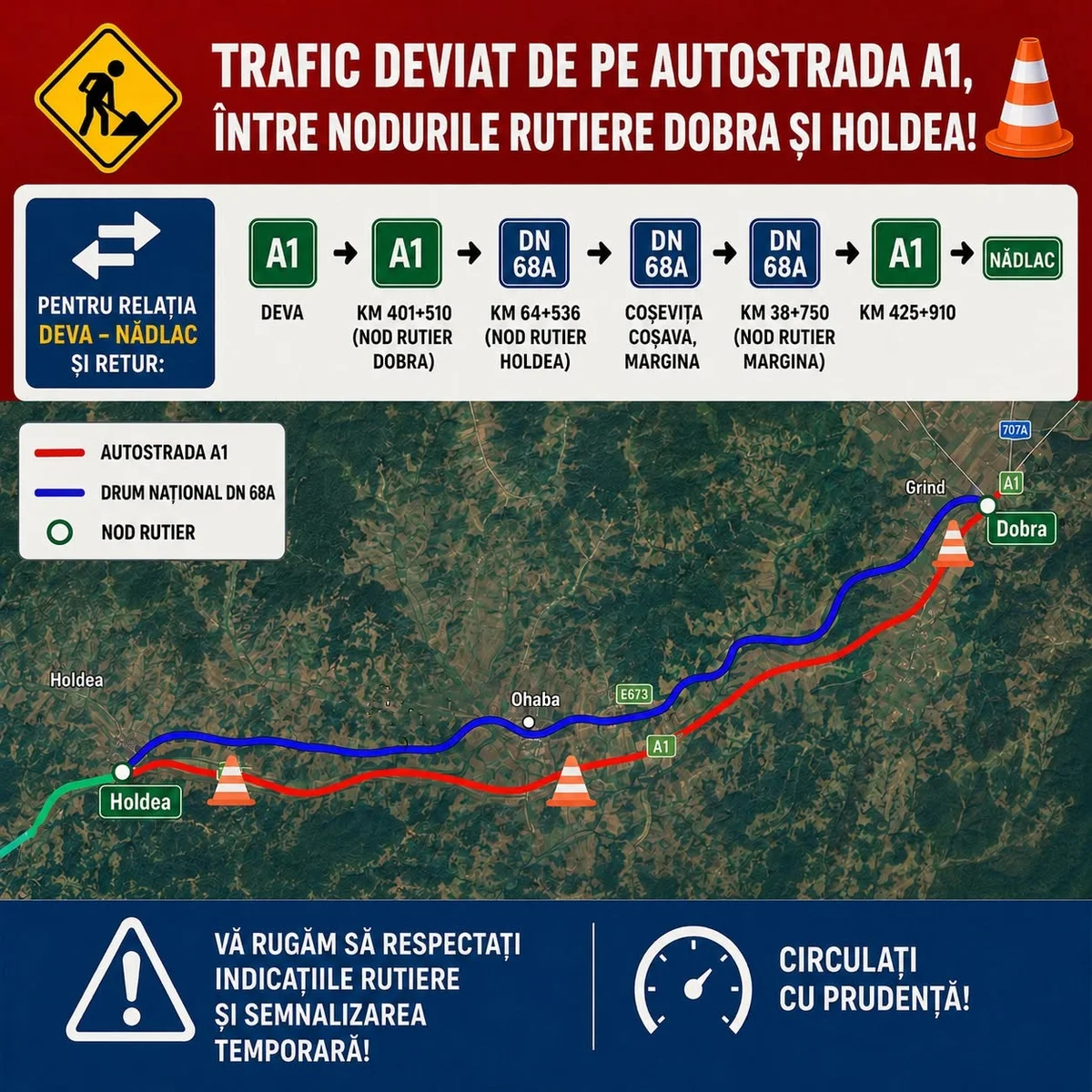 Autostrada A1 închisă între nodurile Dobra și Holdea în 17-19 iunie 2026