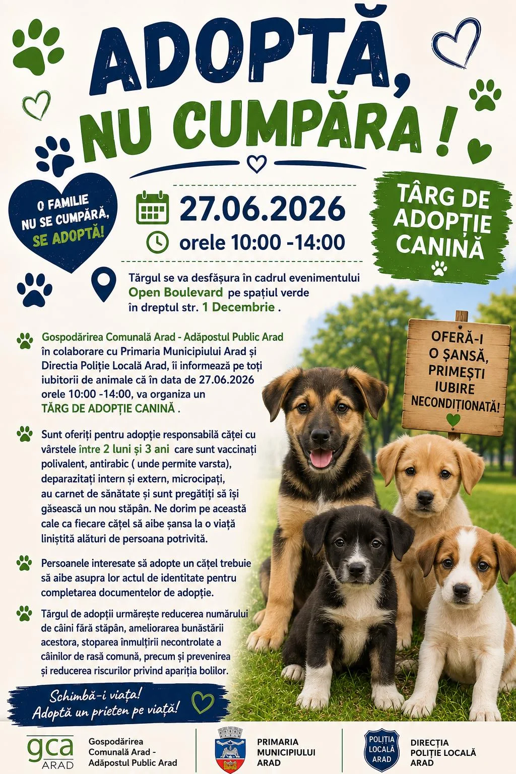 Târg de adopție canină organizat în Arad pe 27 iunie 2026