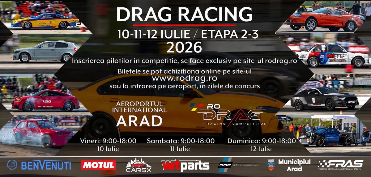 Două etape ale Campionatului Național de Drag Racing au loc la Aeroportul Arad pe 10-12 iulie